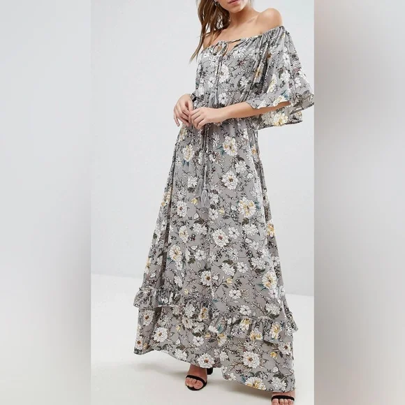aeo off the shoulder maxi dress Blue Floral Off Shoulder Maxi Dress